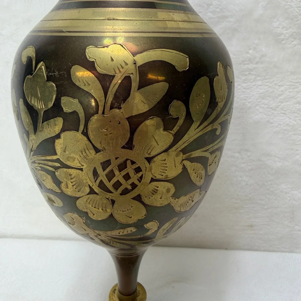 VTG Iridescent Brass Vase Etched Heron Floral Scalloped Rim Pedestal‎ 12 inch